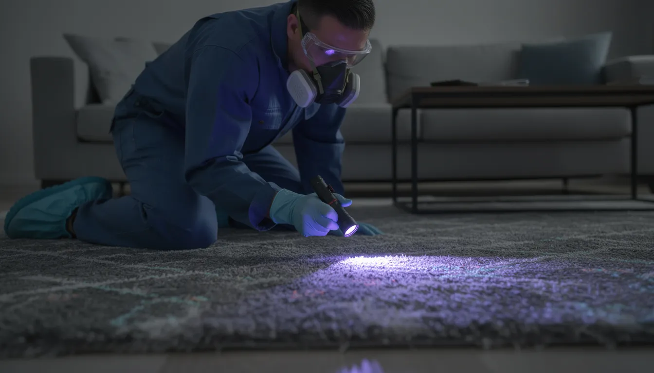 A professional technician in protective gear is inspecting a residential carpet using an ultraviolet flashlight in a dimly lit room, searching for pet urine odors and other unpleasant smells. This process is part of a thorough pet odor removal service aimed at eliminating stubborn pet stains and lingering urine odors.