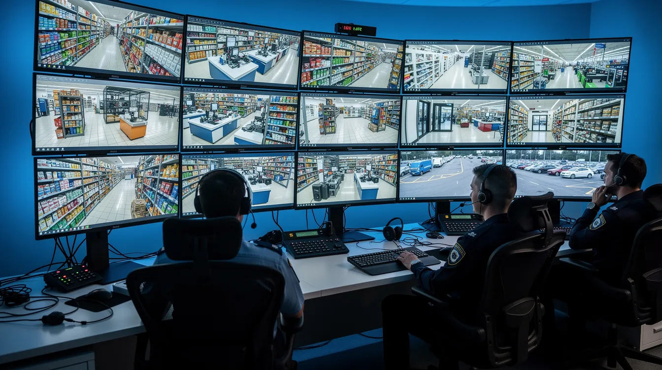The image depicts a security operations room featuring multiple monitors that display live feeds from retail camera systems, essential for implementing effective loss prevention strategies against internal theft and organised retail crime. The room is equipped with visible security measures, showcasing the importance of monitoring high-risk areas in retail businesses to deter theft and enhance overall security.