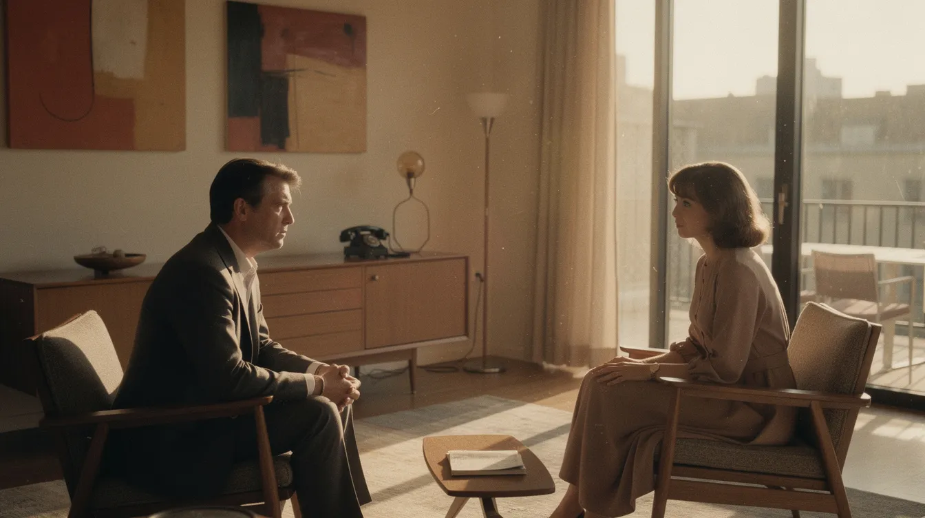 In der Filmszene eines Paares in einer eleganten Wohnung der 1960er Jahre, die in warmen Farben gehalten ist, zeigt sich eine emotionale Distanz zwischen den Personen. Sonnenlicht strömt durch die großen Fenster und beleuchtet die stilvolle Einrichtung, während die Atmosphäre an den Einfluss von Regisseuren wie Jean-Luc Godard und das Drama "Le Mépris" erinnert.