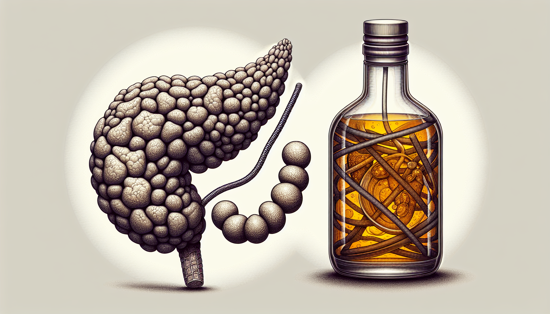 Illustration of gallstones and alcohol