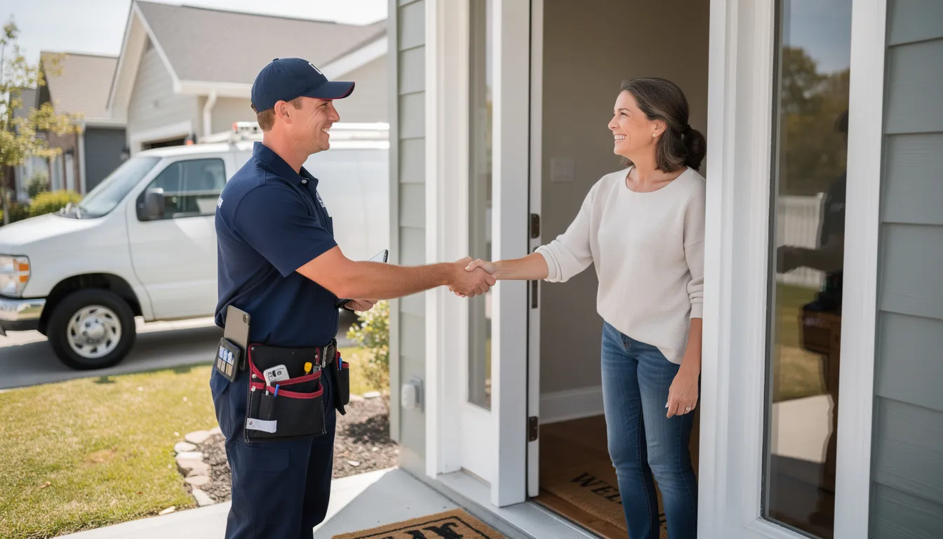 A professional technician is shaking hands with a homeowner at their front door, symbolizing a successful partnership in addressing water quality issues. This interaction highlights the importance of reliable water treatment services, ensuring safe drinking water and effective water filtration systems for Maine homes.