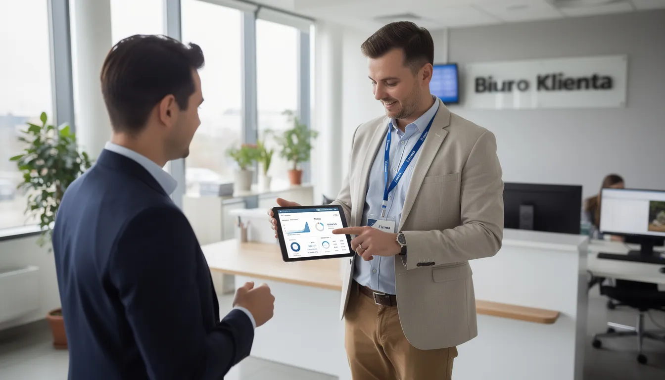 Na zdjęciu widoczny jest handlowiec w terenie, który korzysta z tabletu podczas wizyty u klienta. Używa on oprogramowania CRM do zarządzania relacjami z klientami i śledzenia procesu sprzedaży, co pozwala na lepszą obsługę klienta i automatyzację działań sprzedażowych.