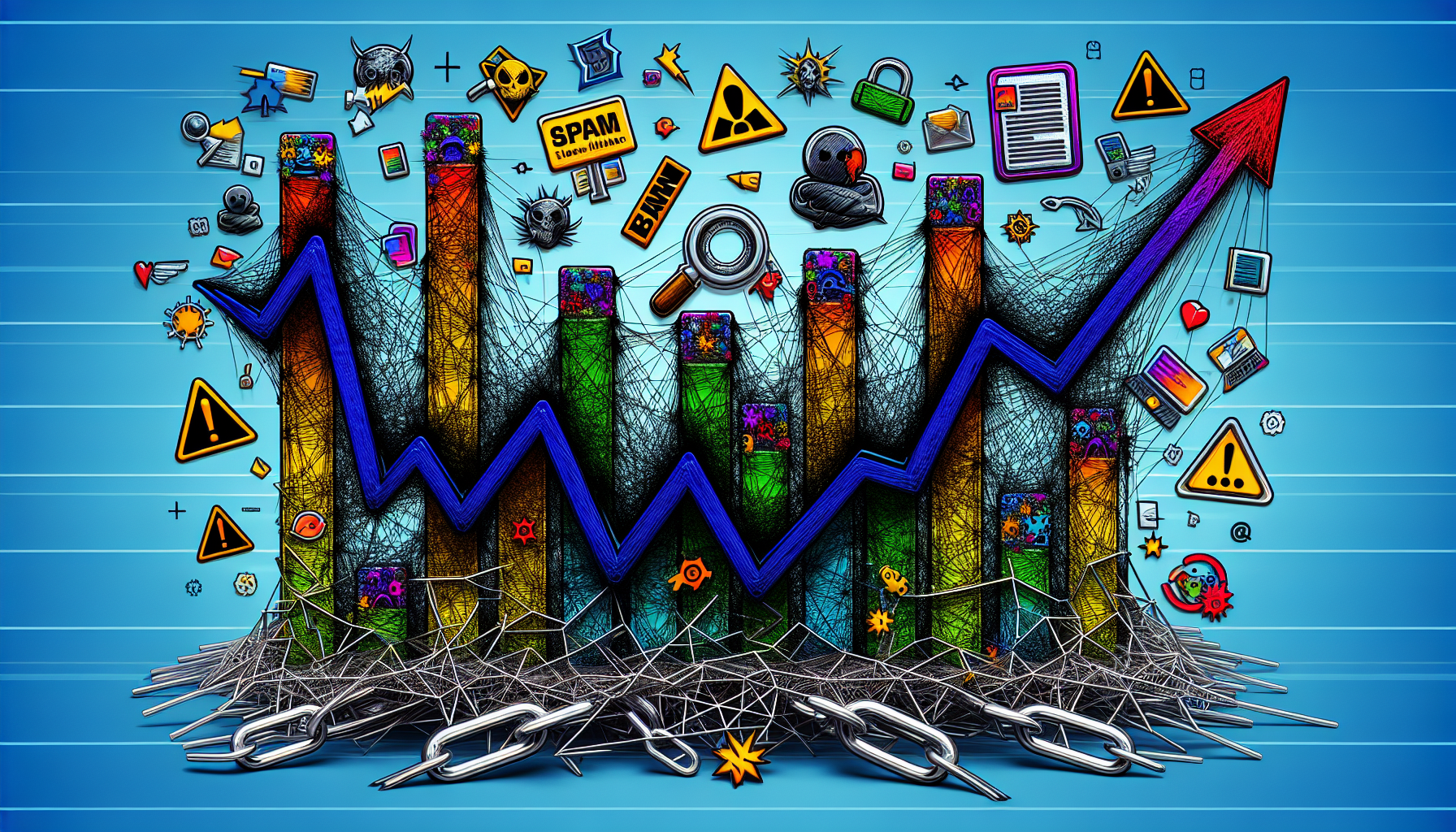 An illustration showing the impact of spam websites on SEO, depicting a downward trend in search rankings.