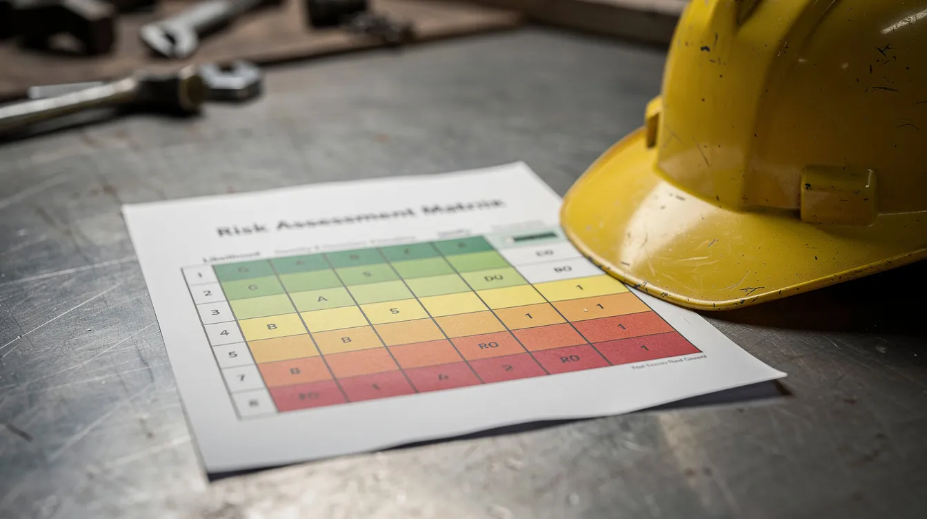 A close-up view of a risk assessment matrix printed on paper is displayed next to a hard hat on an industrial desk, highlighting key steps in the risk management process to identify hazards and assess potential impacts on human health and safety in the workplace. The matrix serves as a risk assessment tool for evaluating safety hazards and implementing control measures to minimise risks for workers.