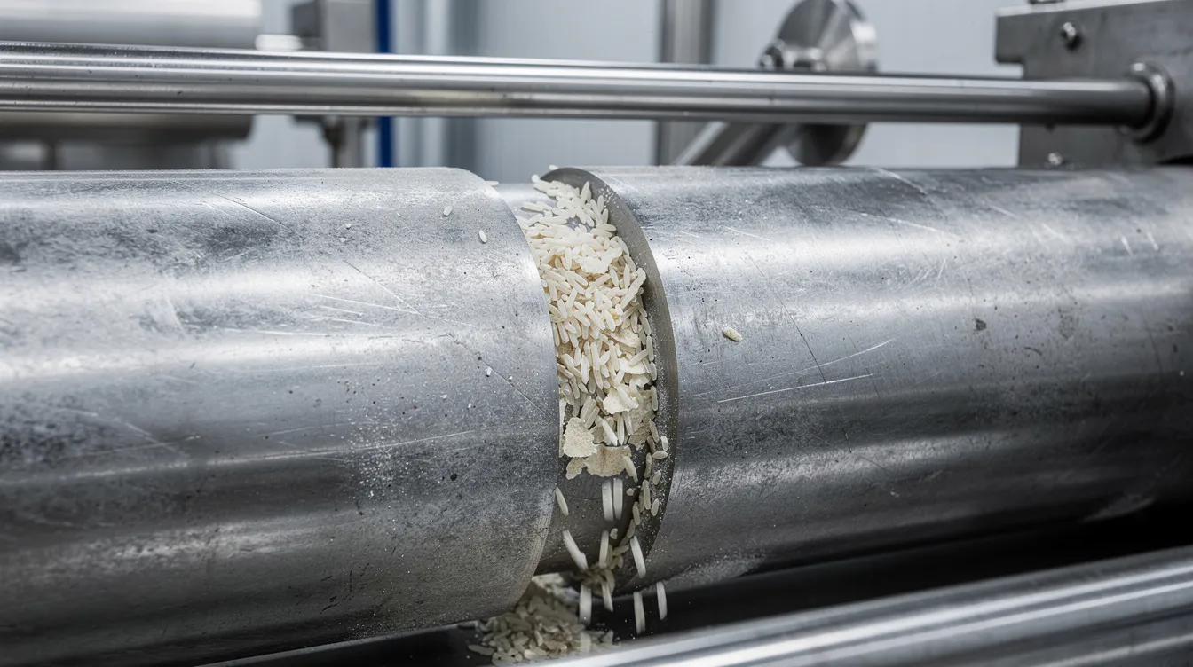 6104c995 e35b 4e12 bc51 2533f29b002b The image shows a close-up view of industrial steel flaking rollers used in the rice processing industry, specifically for producing flattened rice or poha. These rollers play a crucial role in the manufacturing process, impacting the overall project cost and production capacity of a poha manufacturing unit.
