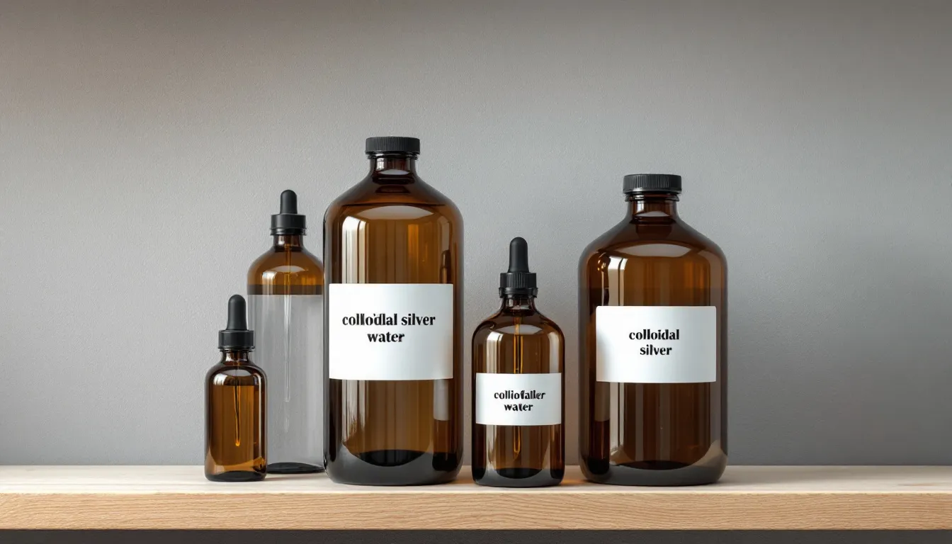 Das Bild zeigt eine korrekte Lagerung von kolloidalem Silberwasser in Braunglasflaschen, die vor Licht geschützt sind, um die Qualität und Wirksamkeit der Silberpartikel zu erhalten. Diese Lagerung ist wichtig, um die Stabilität des Produkts und die Vorteile der Silberionen zu gewährleisten.