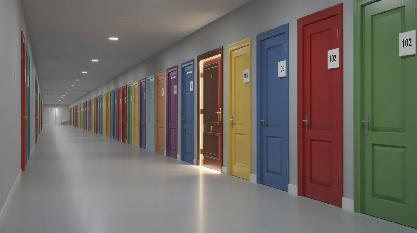 De afbeelding toont een gang met een rij gekleurde deuren, waarbij één deur opvalt door zijn unieke kleur en ontwerp. Deze opvallende deur symboliseert hoe een sterk merk zich kan onderscheiden in een competitieve markt door duidelijke positionering en herkenbaarheid te creëren.
