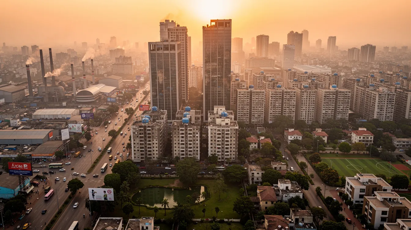 The image showcases a modern Indian city skyline featuring a mix of industrial areas, residential buildings, and green spaces, reflecting the diverse business opportunities in Maharashtra. This vibrant scene highlights the potential for profitable small business ideas and the growth of small and medium enterprises in the region.
