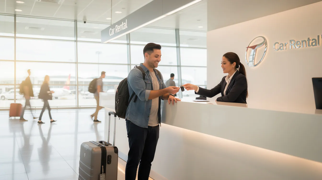 Un voyageur souriant reçoit les clés d'une voiture de location à un comptoir moderne dans un aéroport, dans une ambiance lumineuse et accueillante. Ce moment évoque l'excitation de débuter un voyage, avec des informations sur l'assurance de location de voiture et la nécessité d'une carte de crédit pour finaliser la transaction.