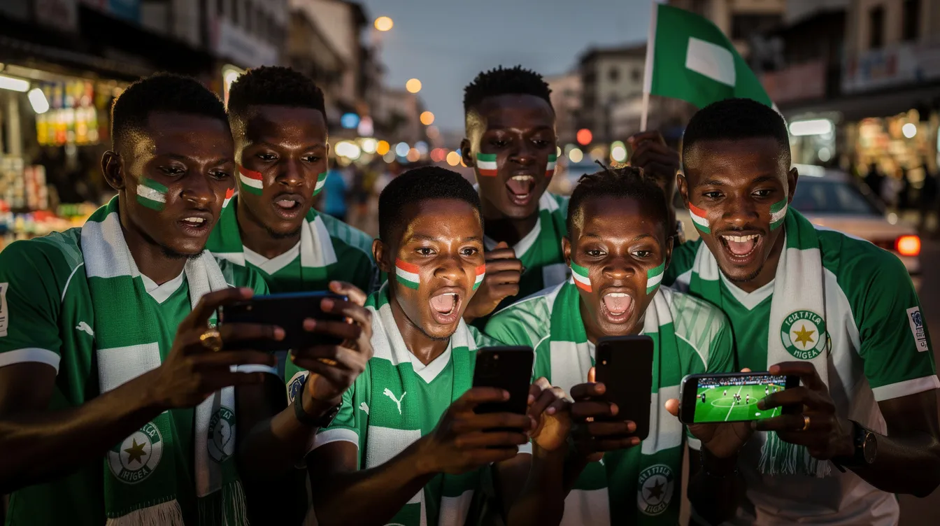 A group of enthusiastic Nigerian football fans is gathered, intently watching a match on their mobile phones, clearly engaged in the excitement of the game. Some fans may also be participating in online sports betting, potentially exploring crypto sports betting options as they follow the action.