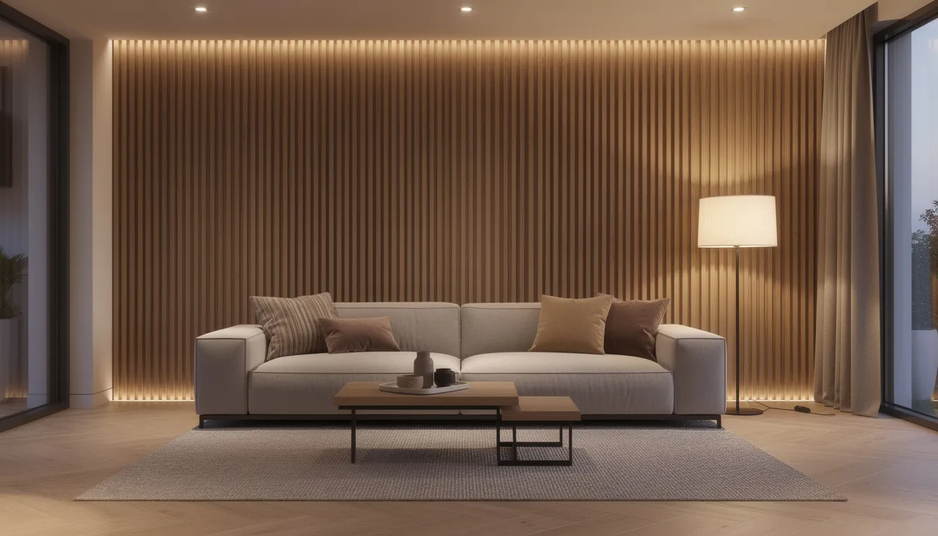Een moderne woonkamer met een stijlvolle houten lattenwand achter een luxe bank, verlicht door warme verlichting. Deze wandbekleding voegt een unieke sfeer toe aan het interieur en creëert een rustige uitstraling.