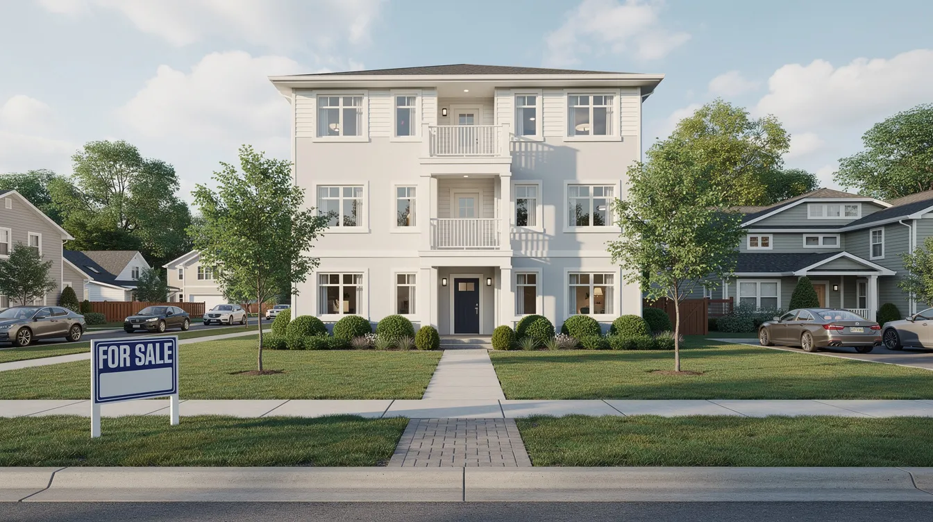 The image depicts a small multifamily apartment building situated in a suburban neighborhood, prominently featuring a "for sale" sign. This property represents an opportunity for asset based lending, appealing to investors looking for cash flow and potential long-term gains in real estate.