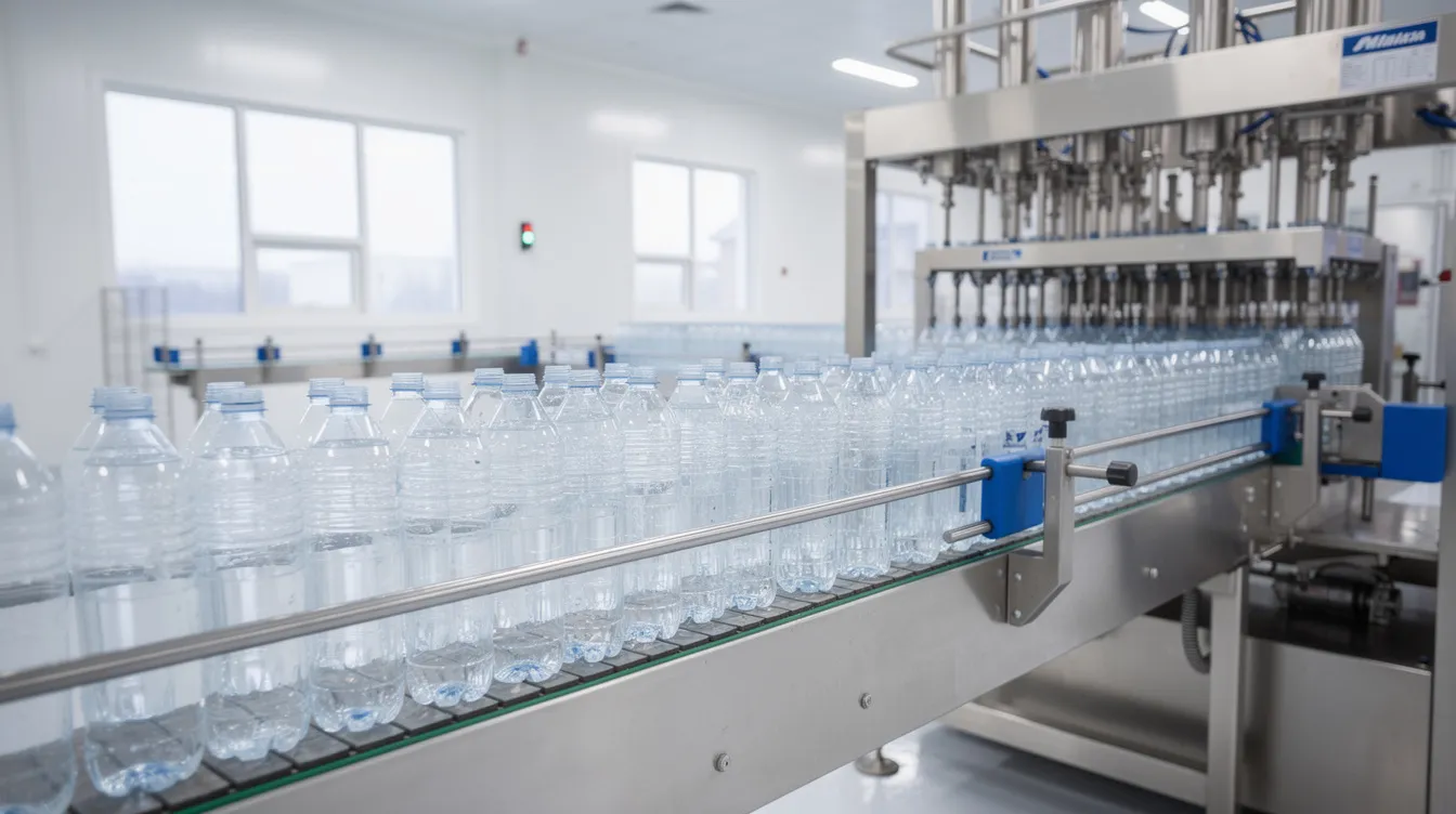 The image shows a water bottling production line in a clean factory, with plastic bottles filled with purified water moving along a conveyor belt. This setup highlights the operational efficiency and quality standards essential in the bottled water industry, catering to both urban and rural areas.