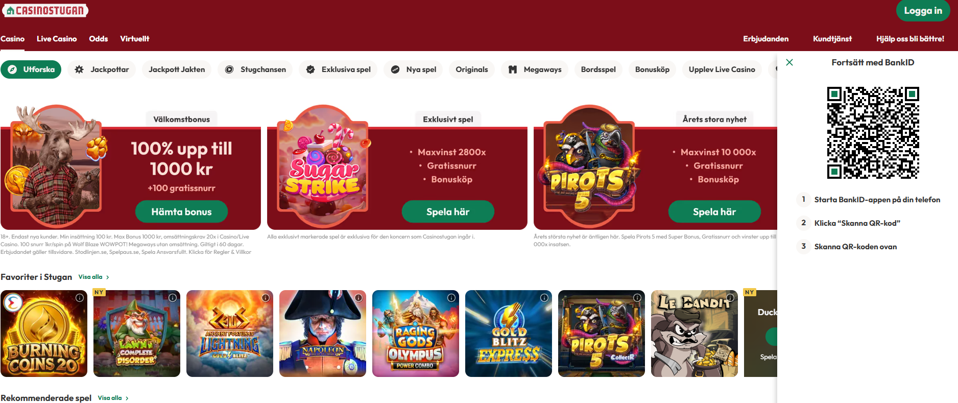 Casinostugans casino med spelutbud, välkomstbonus och inloggning via BankID.