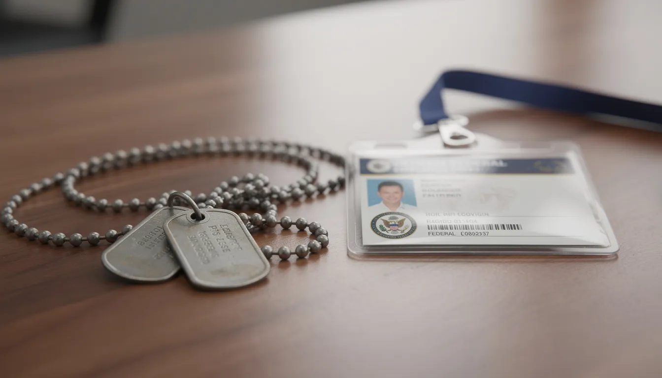 The image shows military dog tags positioned next to a civilian federal employee badge on a desk, symbolizing the connection between military service and federal employment. This juxtaposition highlights the importance of understanding retirement benefits such as the FERS pension and the civil service retirement system for federal employees.