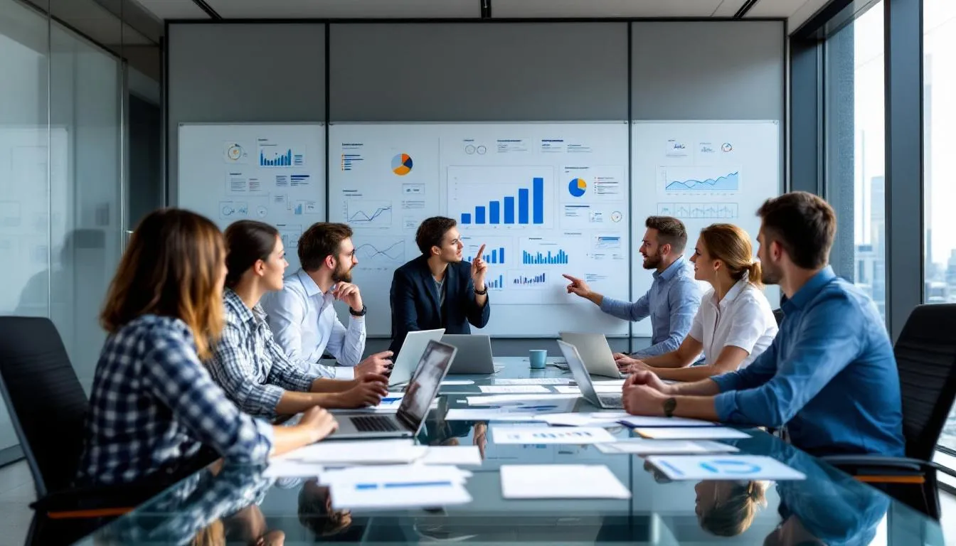 A diverse team is gathered in a modern office, intently analyzing performance charts displayed on large screens while discussing optimization strategies for their digital marketing efforts. They are focused on developing an effective digital marketing strategy to enhance their marketing campaigns and achieve business goals.