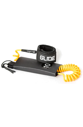 Glide coiled sup leash for stand up paddle board.