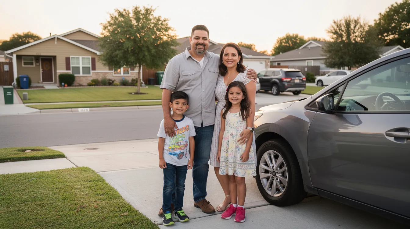 Una familia hispana sonríe junto a su auto en un vecindario residencial, rodeados de casas y árboles. La imagen refleja un ambiente familiar y seguro, resaltando la importancia de la responsabilidad civil y la protección que ofrece un seguro de auto.