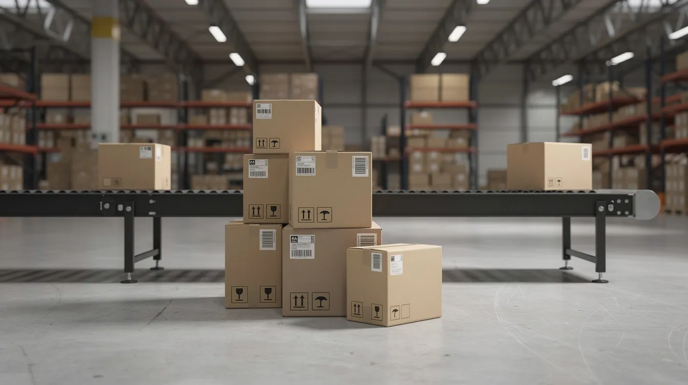 The image shows stacked shipping boxes in a warehouse, with a conveyor belt in the background, highlighting the operational efficiency of an ecommerce development company. This setup is essential for managing the logistics of online store fulfillment and meeting evolving customer expectations.