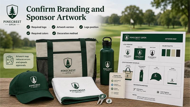 Golf tournament branding and sponsor artwork map showing logo versions, colors, placement, and decoration methods for custom merchandise
