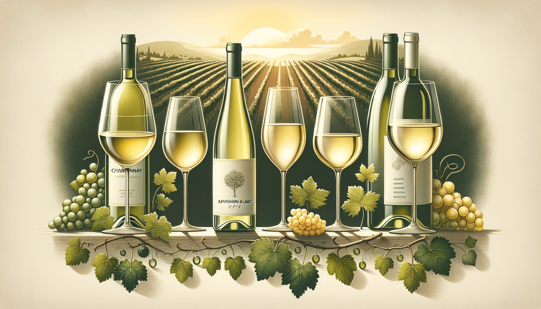 Illustration of different white wine varieties