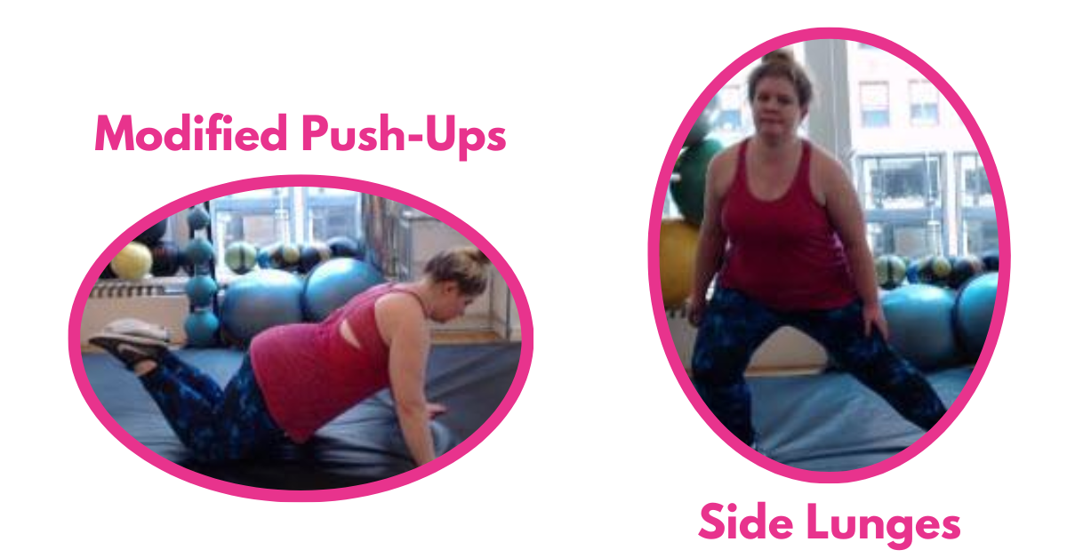 plus size woman client, Charlotte doing a modified push up on her knees and side lunges