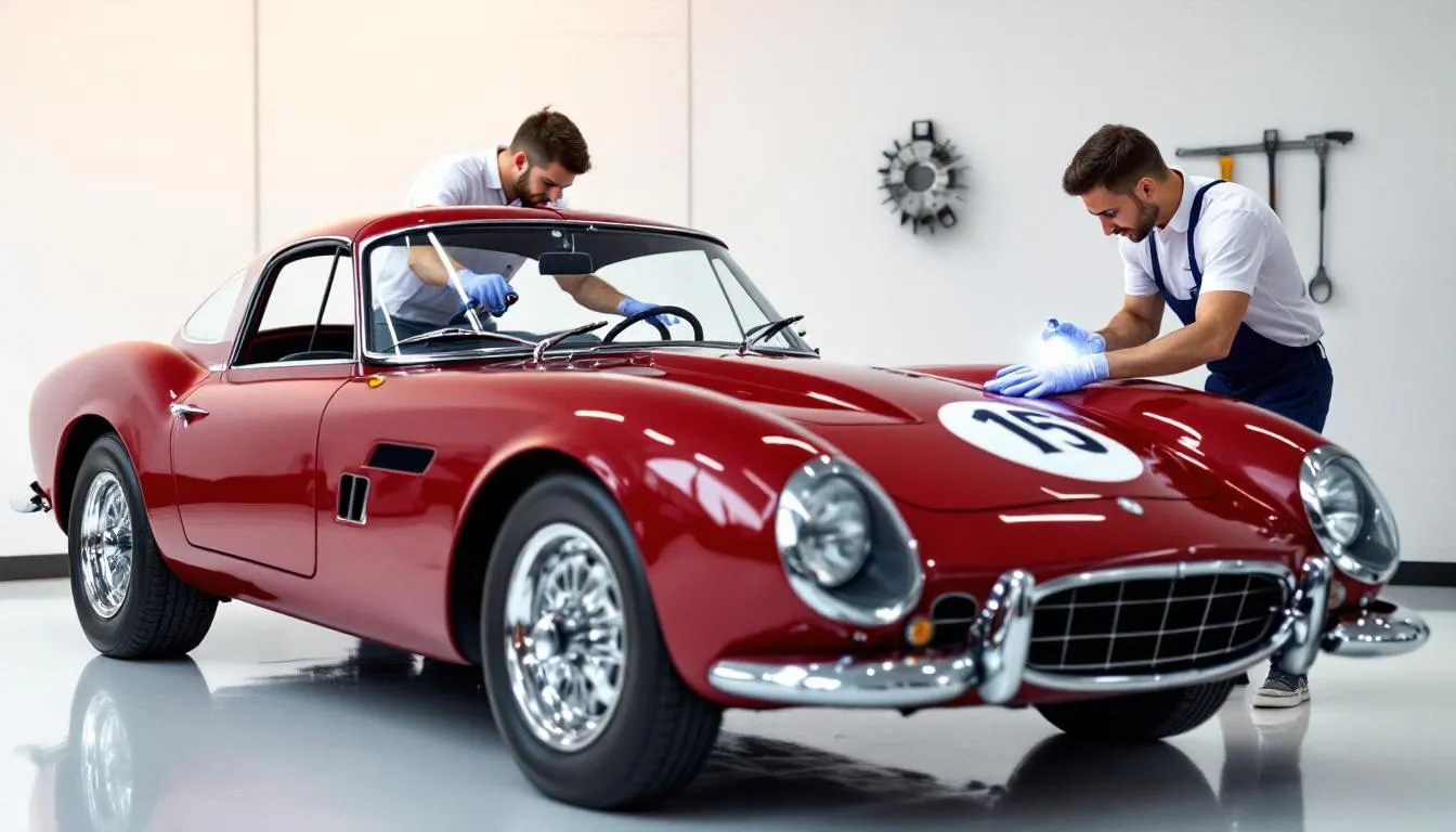 A classic car being thoroughly cleaned and inspected to ensure it stays in pristine condition.