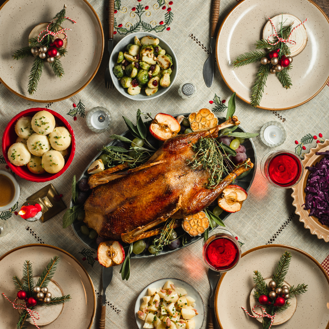 turkey with sides on a decorated table