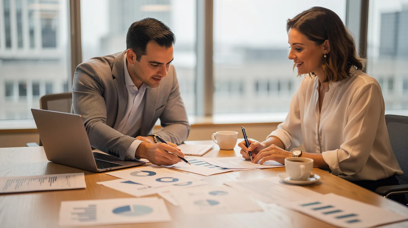 Twee ondernemers zitten aan een tafel en bespreken documenten terwijl ze genieten van een kop koffie. Ze analyseren strategische beslissingen en evalueren zowel interne als externe factoren, waarbij ze waardevolle inzichten opdoen voor hun SWOT-analyse.