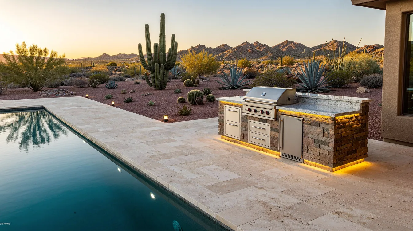 The image features an outdoor kitchen with a stone-clad BBQ island and elegant travertine paver flooring, situated next to a sparkling pool in a desert backyard. The warm beige tones of the natural stone enhance the inviting atmosphere of this outdoor space, making it a perfect spot for entertaining.