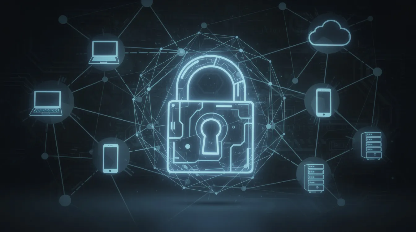 The image features a digital padlock symbol prominently displayed over a network of interconnected devices, representing enhanced security for small businesses' online presence. This visual emphasizes the importance of website hosting and security features, essential for managing an ecommerce website or a professional site.