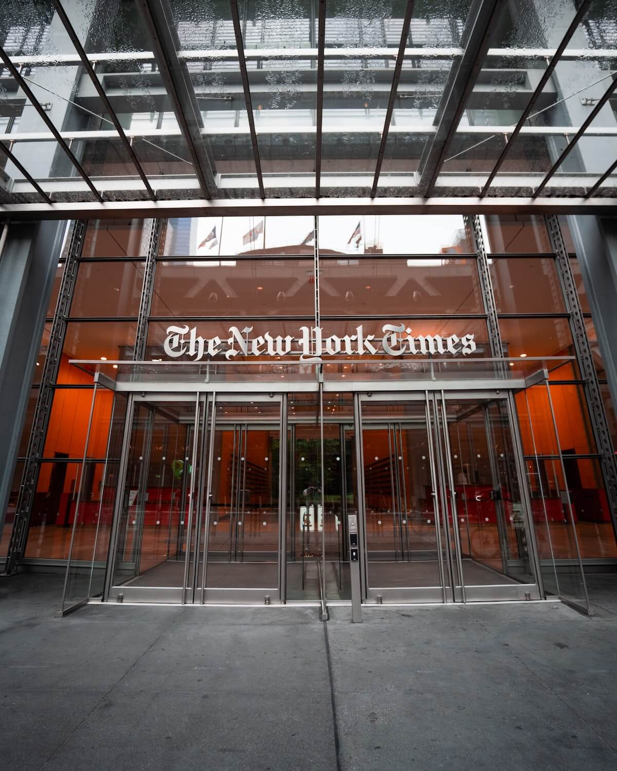 The front doors of The New York Times building in New York City, USA.