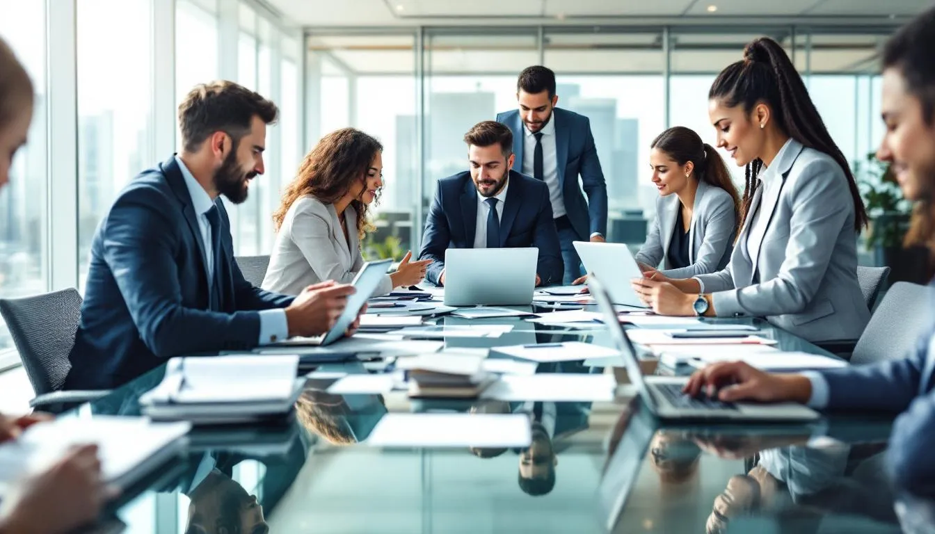 In the image, a diverse group of business professionals collaborates around a conference table, equipped with laptops and various documents, discussing data integration and management strategies. Their focus suggests a deep engagement in data transformation processes, potentially involving tools like Alteryx and Microsoft SQL Server for effective data preparation and analytics.