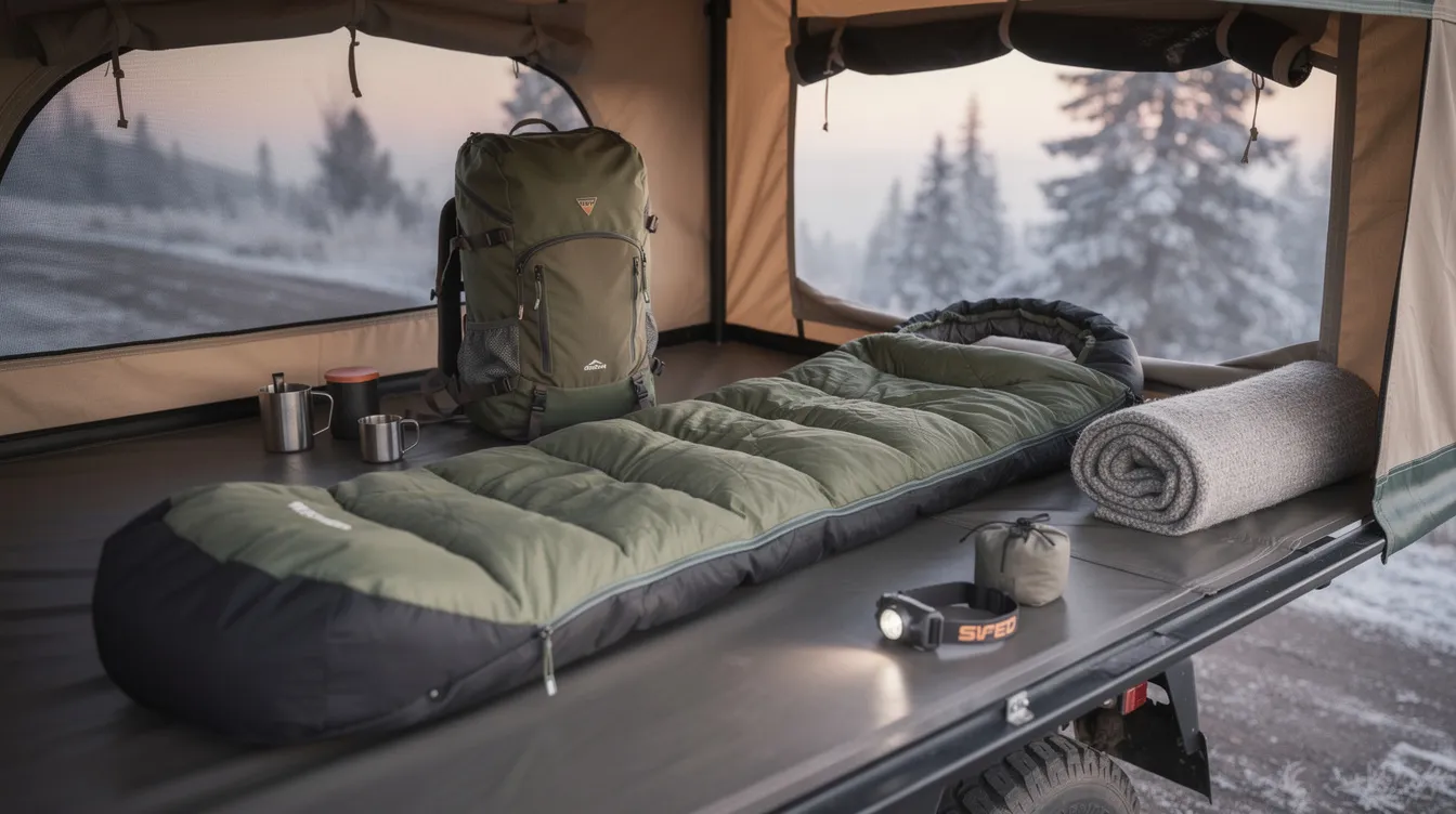 An insulated winter sleeping bag is spread out inside a rooftop tent, surrounded by various camping gear, including a propane tank and a portable diesel heater for extra warmth. The setup is designed to help campers stay warm during colder months while prioritizing safety and efficient ventilation.