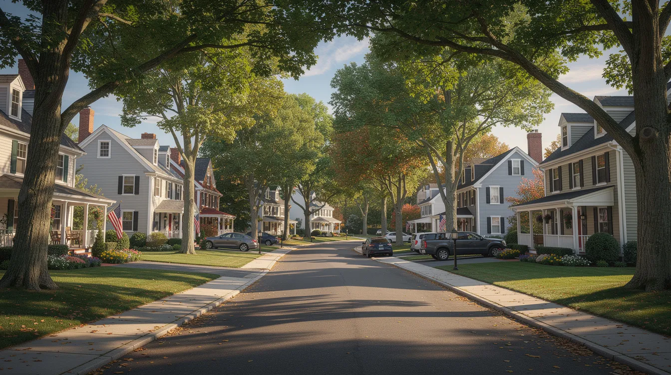 The image depicts a picturesque New England suburban neighborhood featuring tree-lined streets and traditional homes with well-maintained green lawns. This residential community is ideal for active duty navy families and military retirees, offering a variety of housing options with easy access to nearby amenities in New London, Connecticut.