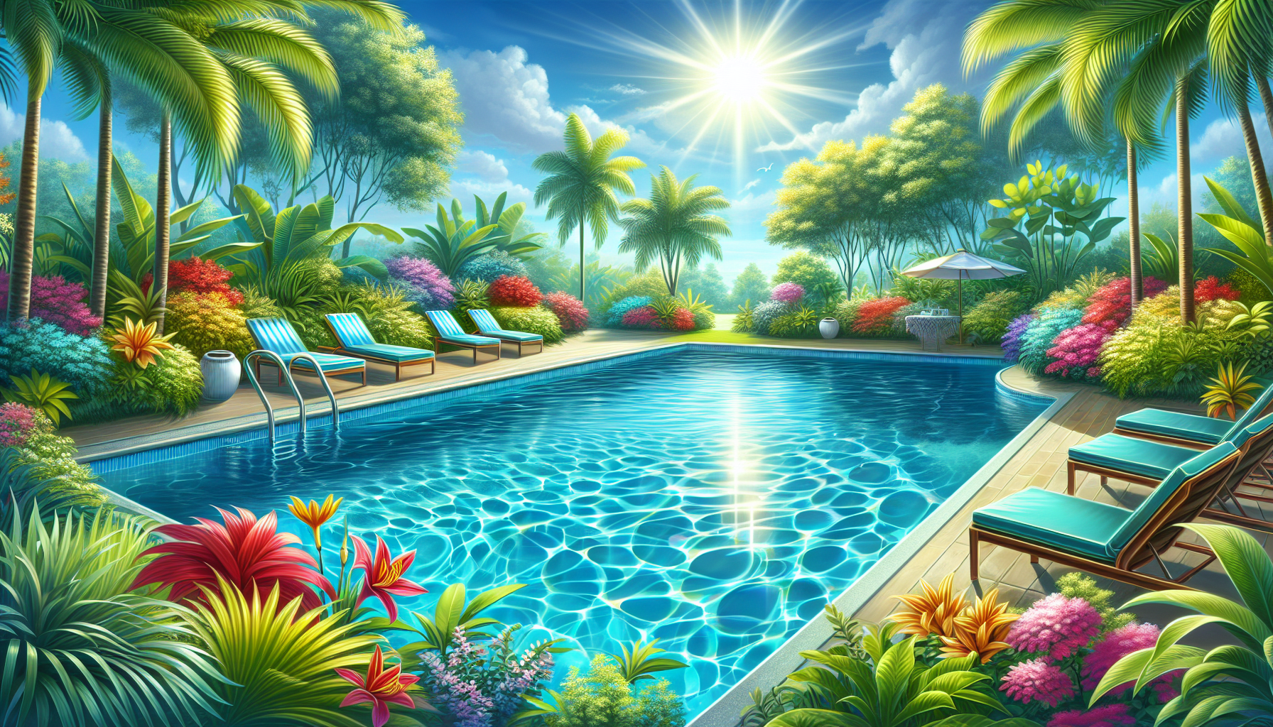 A vibrant illustration of a heated fiberglass swimming pool, showcasing the advantages of using a heat pump for your fiberglass swimming pool.