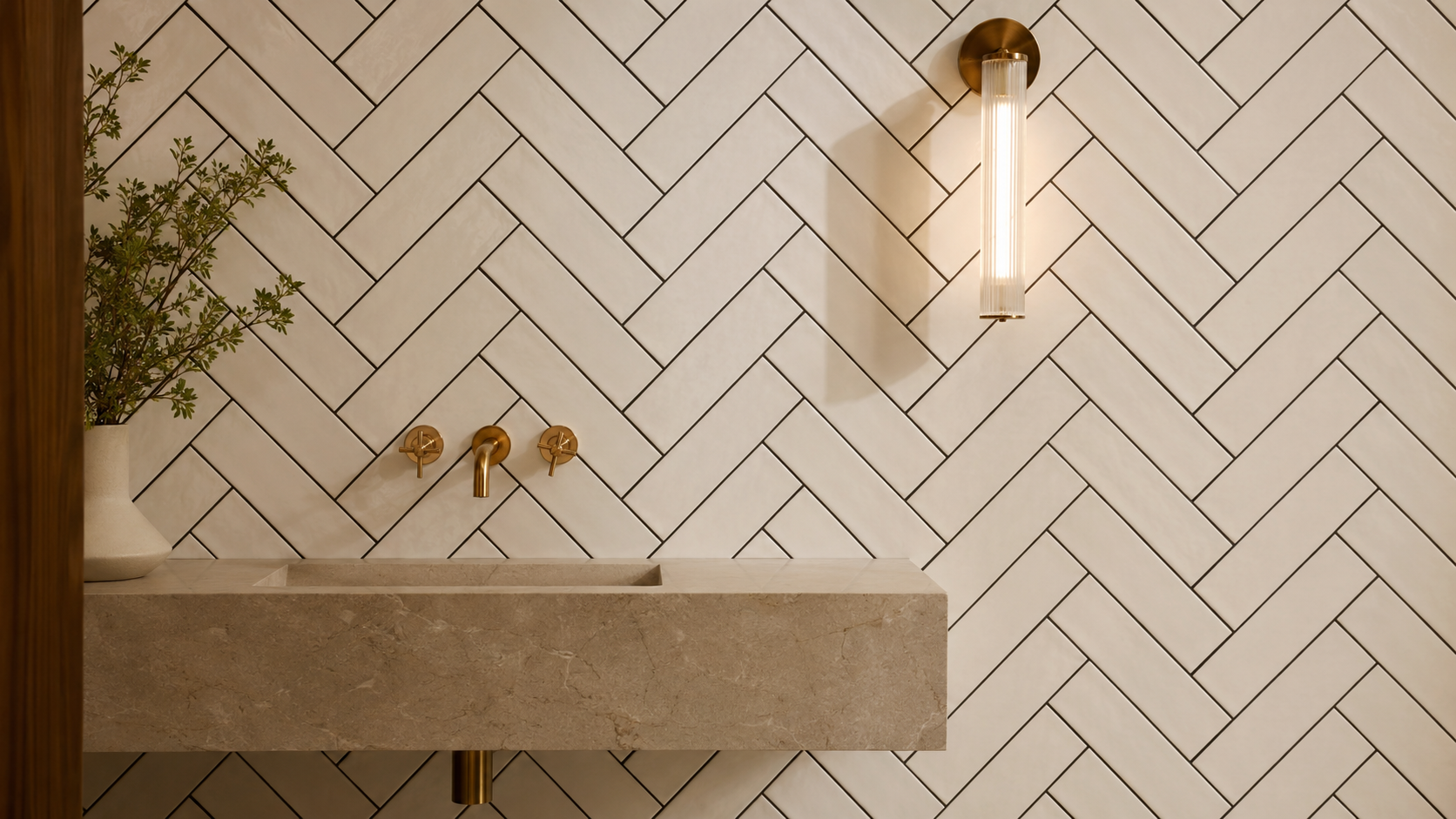 White herringbone bathroom tiles with contrasting dark grout and brass fixtures.
