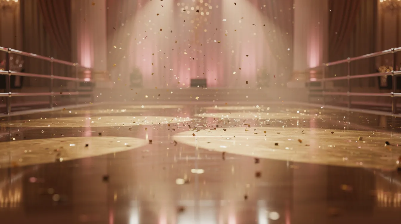 The image depicts a dazzling ballroom dance floor illuminated by warm golden and pink lighting, with sparkling confetti floating in the air, creating a festive atmosphere typical of "Strictly Come Dancing." Professional dancers can be seen preparing for their performances, embodying the excitement of the grand final.