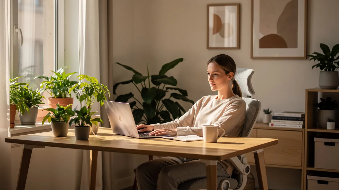 Une personne travaille sereinement dans un bureau à domicile bien organisé, entourée de plantes et baignée de lumière naturelle, illustrant un environnement propice à la concentration et au bien-être. Cette scène reflète l'importance d'une culture d'entreprise favorable à la productivité et à l'épanouissement des collaborateurs.