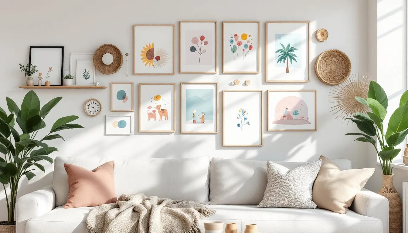 A gallery wall adorned with children's artwork and accessories, adding a personal touch to the home decor.