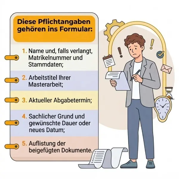 Fünf Pflichtangaben für den Verlängerungsantrag der Masterarbeit: Name und Matrikelnummer, Arbeitstitel, aktueller Abgabetermin, sachlicher Grund und gewünschte Dauer, Auflistung der beigefügten Dokumente