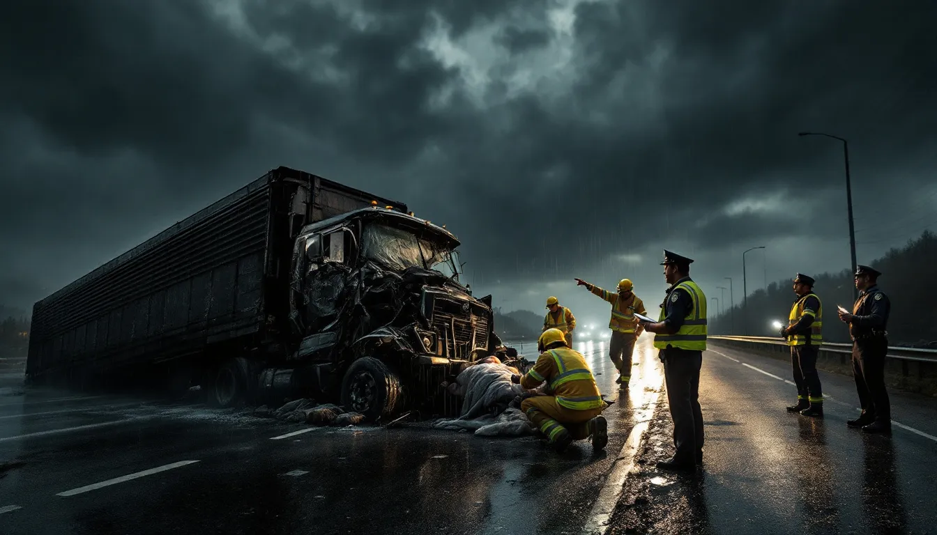 An accident scene with emergency responders attending to a truck accident.