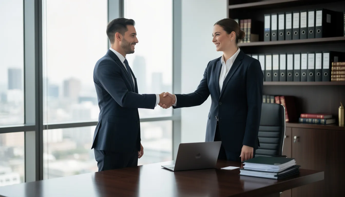 The image depicts a professional attorney shaking hands with a client in an office setting, symbolizing the beginning of their partnership in navigating the workers compensation claim process. This interaction highlights the importance of legal representation for injured workers seeking to appeal a denied workers comp claim.