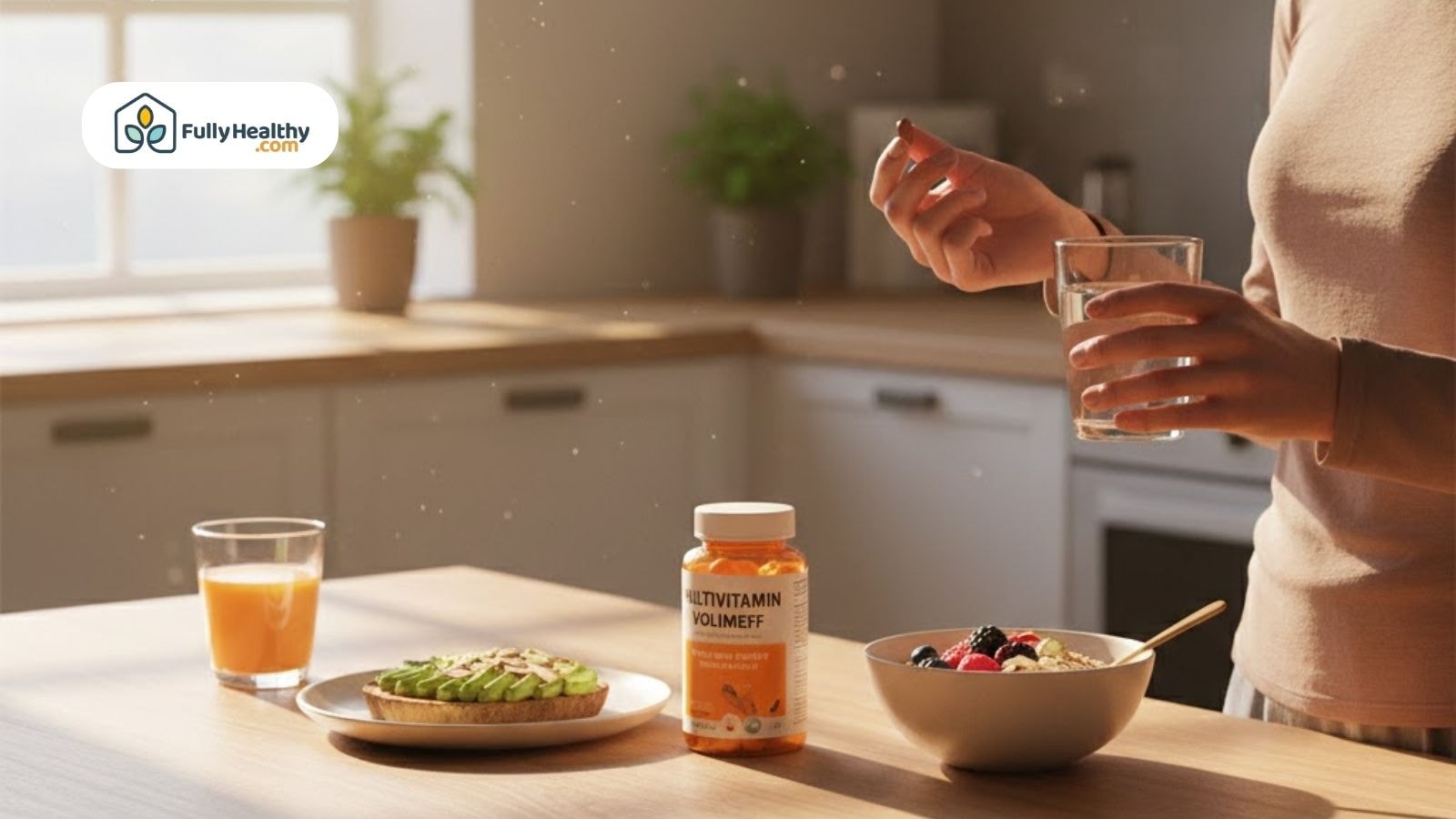 Person holding multivitamin capsule with glass of water next to breakfast with avocado toast and juice.
