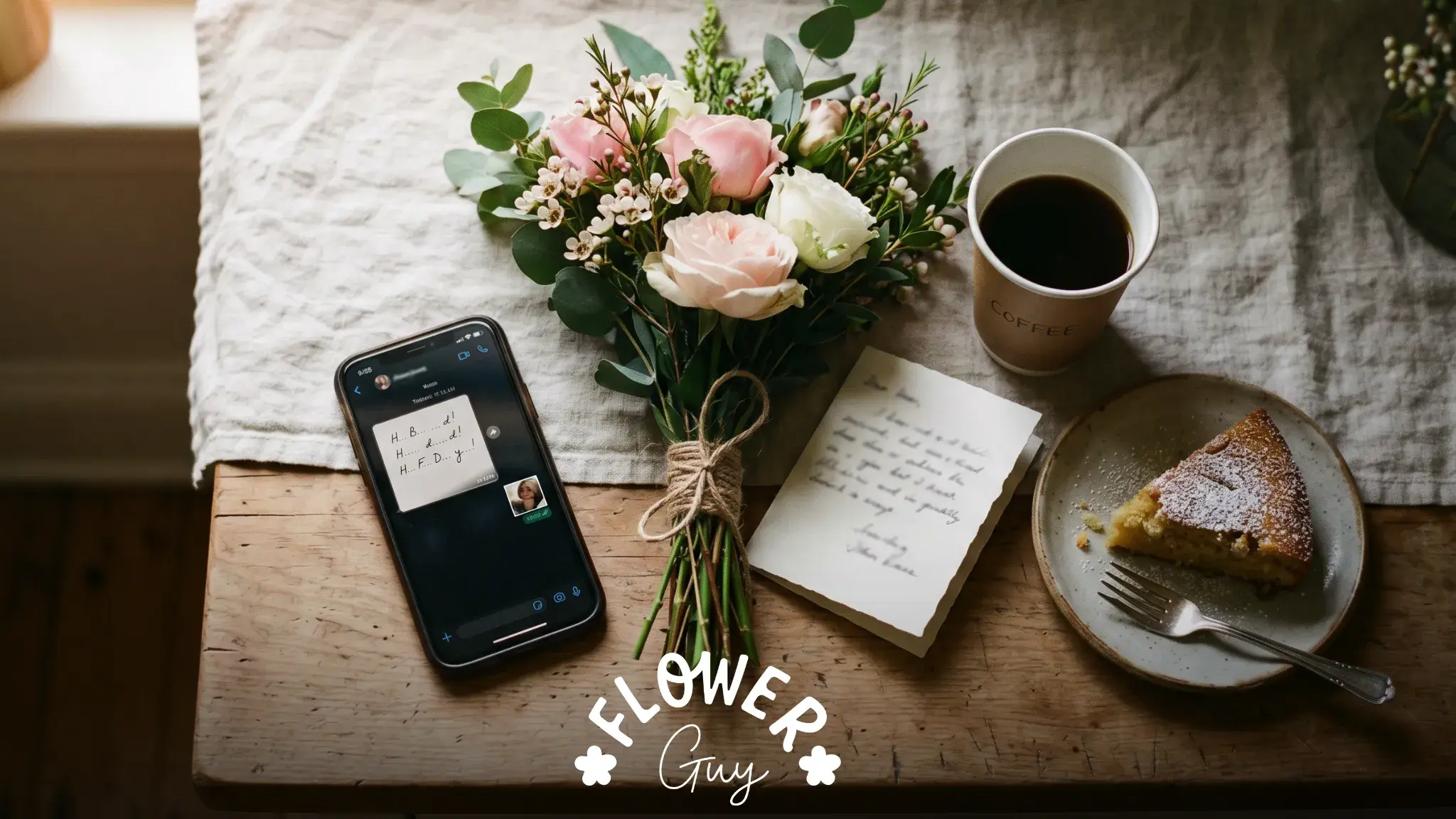Flatlay of short happy birthday messages on phone next to pink rose posy and handwritten birthday card