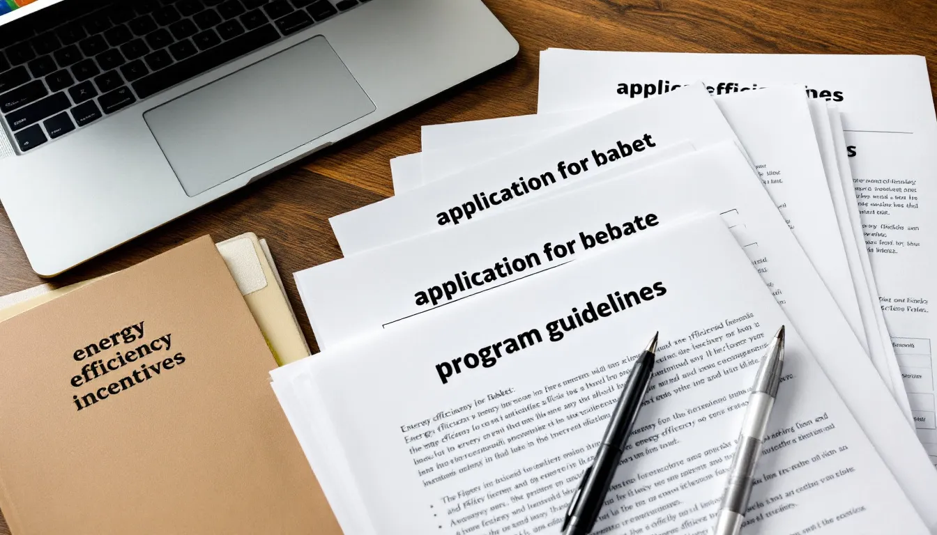 The image depicts a collection of documentation and application forms related to energy efficiency rebate programs, including information on the Inflation Reduction Act, tax credits for heat pump water heaters, and other energy-efficient home improvements. These materials are designed to assist homeowners in Michigan with understanding eligibility and claiming benefits to save money on their energy bills through federal tax credits and rebates.