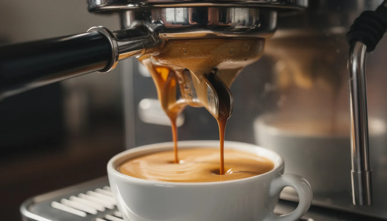 A close-up view of freshly extracted espresso showcases the rich golden crema forming on top, highlighting the quality and flavor of the brew. The image captures the moment when hot water passes through finely ground coffee beans, releasing aromatic compounds and essential antioxidants, resulting in a perfect cup of espresso.
