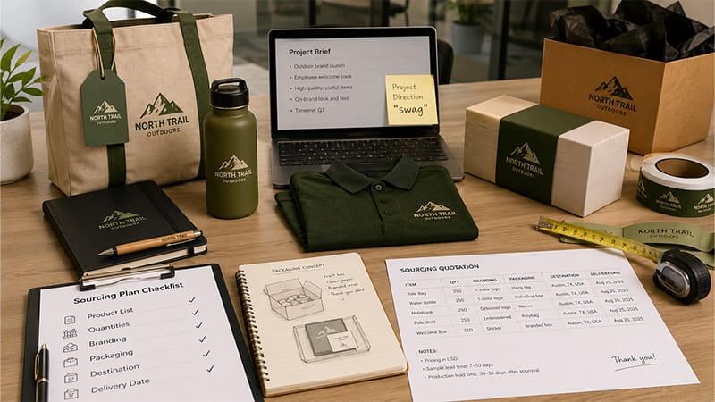 Promotional merchandise sourcing plan showing product list, quantities, branding, packaging, destination, and delivery date