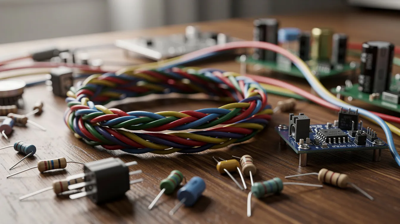 Na zdjęciu widać zbliżenie na kolorowe przewody elektryczne oraz różne elementy obwodu, które leżą na drewnianym stole laboratoryjnym, co może być przydatne w kontekście sprawdzianu z fizyki klasa 8, dotyczącego prądu elektrycznego i magnetyzmu.
