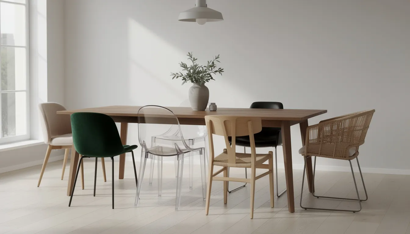 Een gezellige eetkamer met een rechthoekige tafel voor 6 personen, omringd door diverse eetkamerstoelen in verschillende materialen en kleuren. De combinatie van de stoelen en de tafel creëert een warme sfeer, ideaal voor lange diners met vrienden en familie.